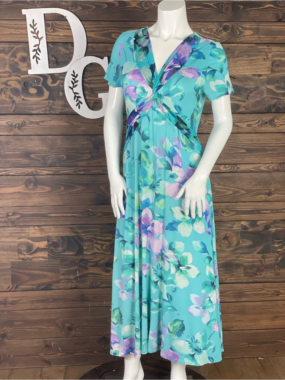 Soft Surroundings | Savior Twist Floral V-Neck Midi Dress Watercolor Aqua